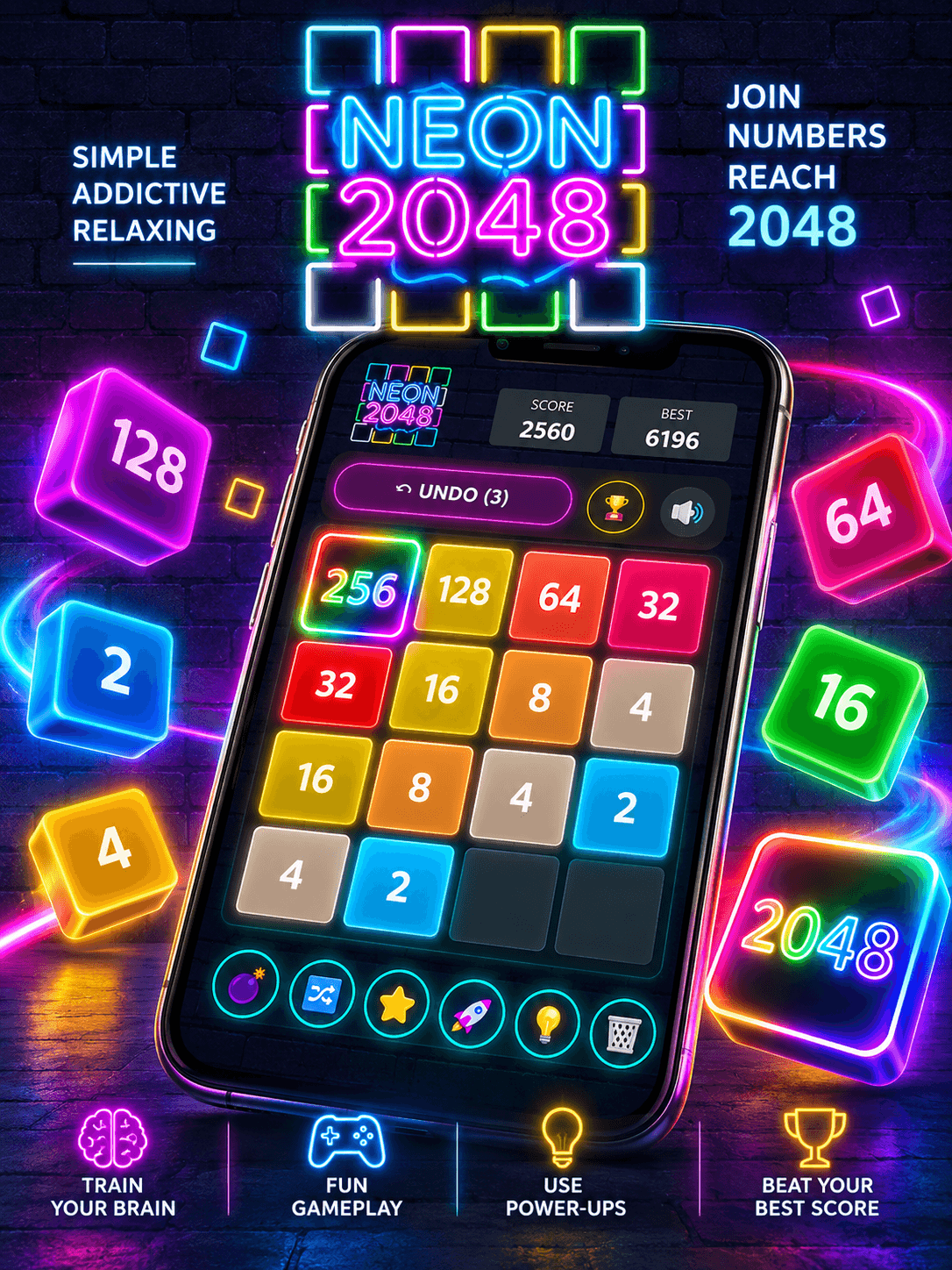 Neon 2048 için geliştirilen mobil oyun deneyimi, arayüz ve görsel dünya.